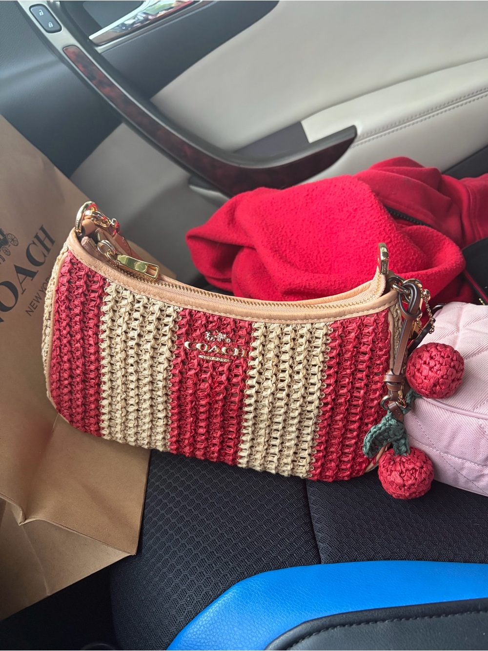 COACH Red and Cream Crochet  Shoulder Bag with Cherry Charm